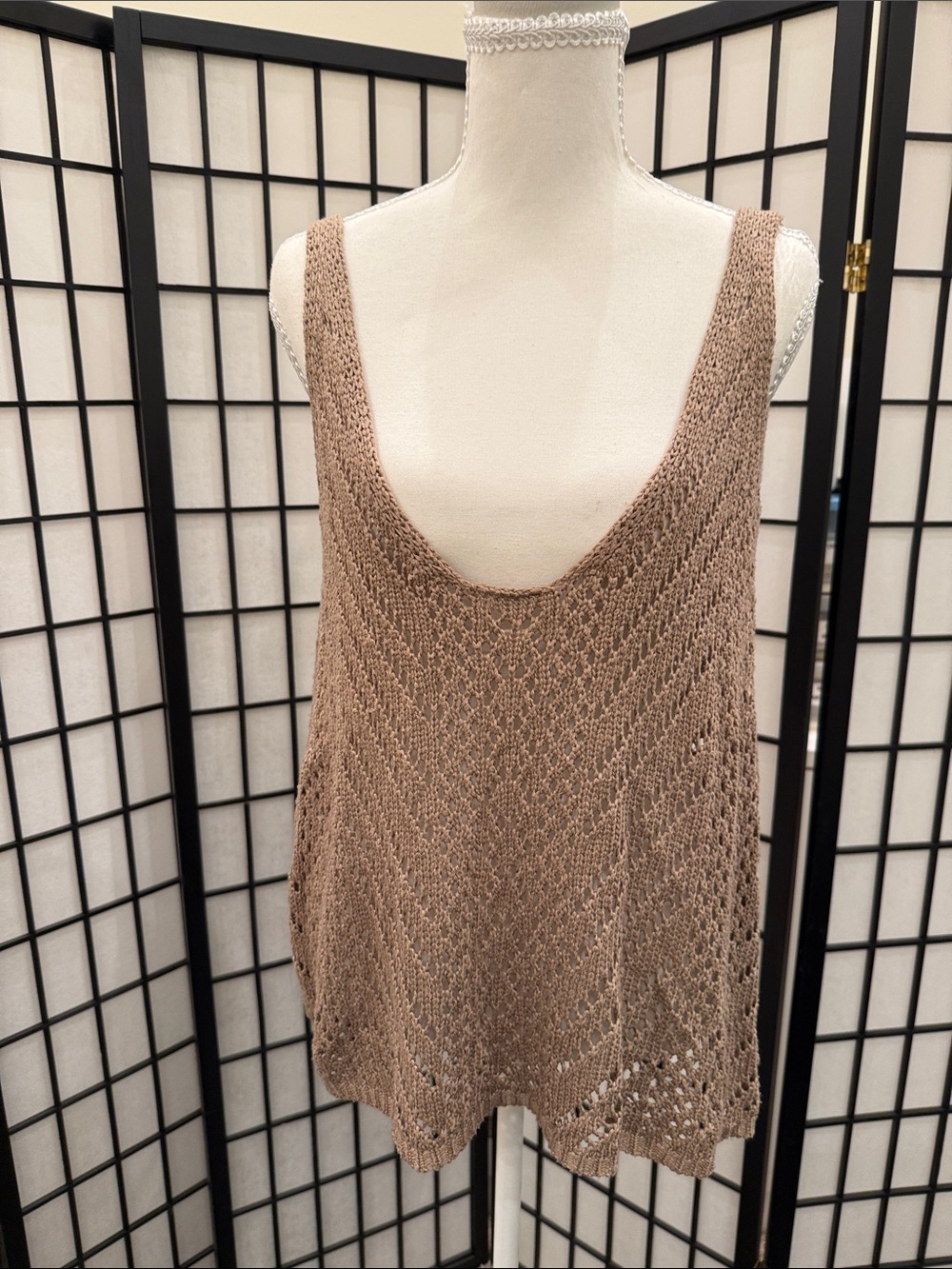 Cotton Candy Open-Knit Sleeveless Tank in Taupe